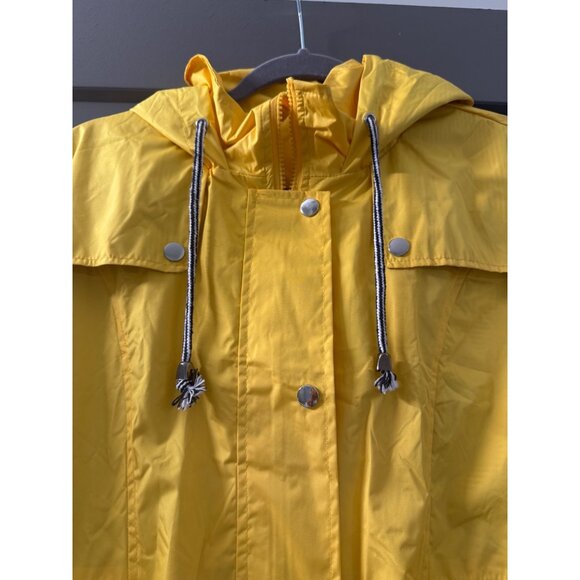 Yellow Hooded Rain Jacket With Drawstring & Snap Closures Size S Striped Lining - Picture 3 of 8